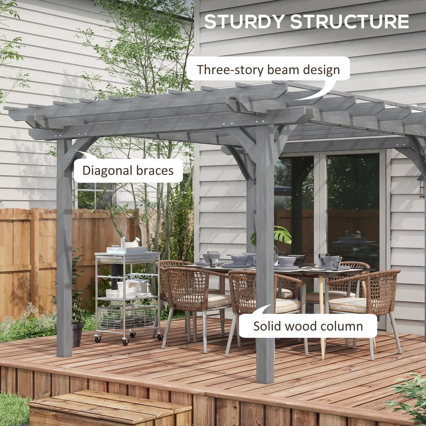 Outsunny 12' x 10' Wooden Pergola Grape Trellis, Outdoor Gazebo for Garden, Patio, Backyard, Deck, Gray