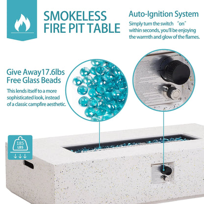 ESSENTIAL LOUNGER 56 inch Concrete Propane Fire Pit Table, 50,000 BTU Outdoor Firepit Rectangular Table for Garden& Patio, with Propane Tank Metal Stand, Fire Glass Beads and Waterproof Cover, White