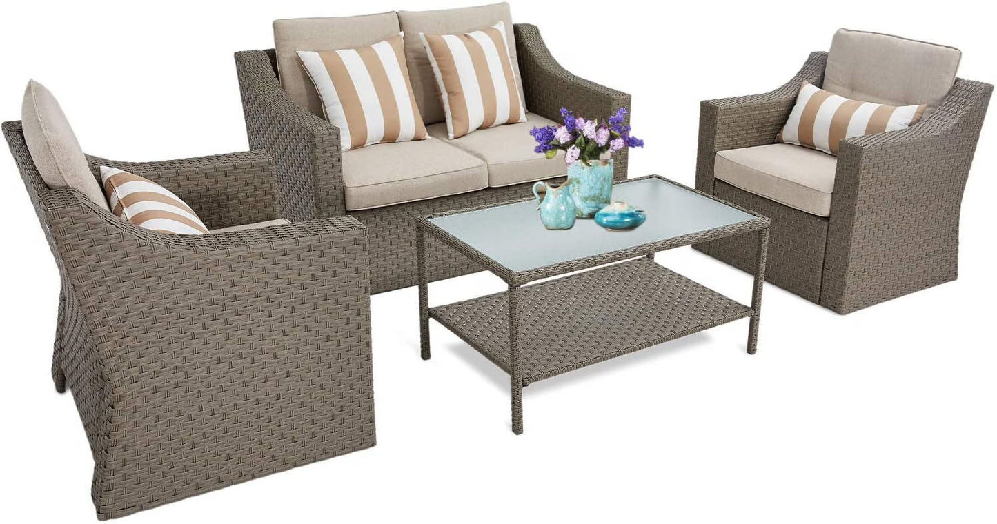 SUNCROWN 4 Piece Outdoor Patio Sectional Set ,Rattan Wicker Furniture Conversation Set (Brown)