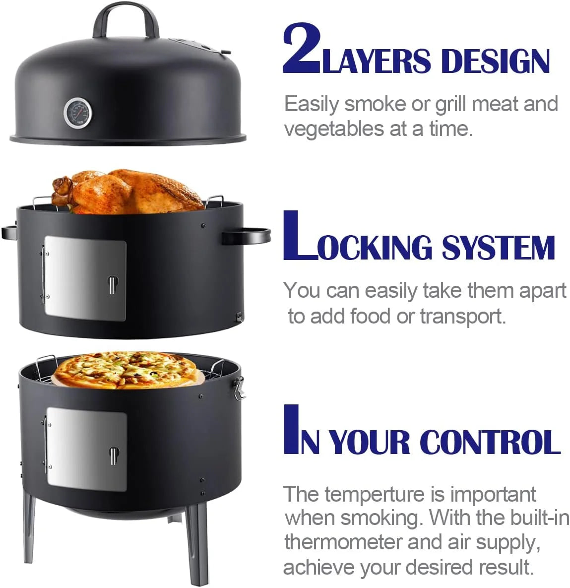 BBQ Charcoal Smoker for Meat: 16 Inch Heavy Duty 4 In 1 BBQ Charcoal Grills - Vertical Barbecue Smokers Grill Combo for Outdoor Cooking Patio Backyard Picnic Party Grilling