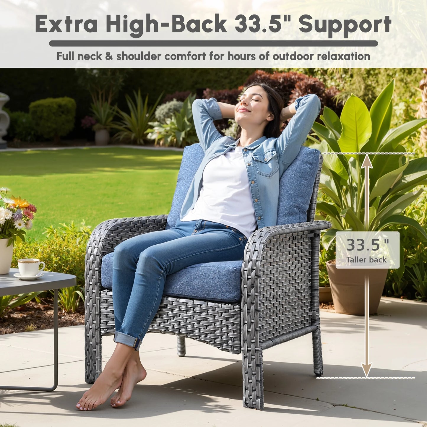 Ovios 4 Pieces Wicker Outdoor Patio Furniture with Coffee Table High Back All Weather Rattan Outdoor Sectional Conversation Set for Backyard Porch Garden, Denim Blue