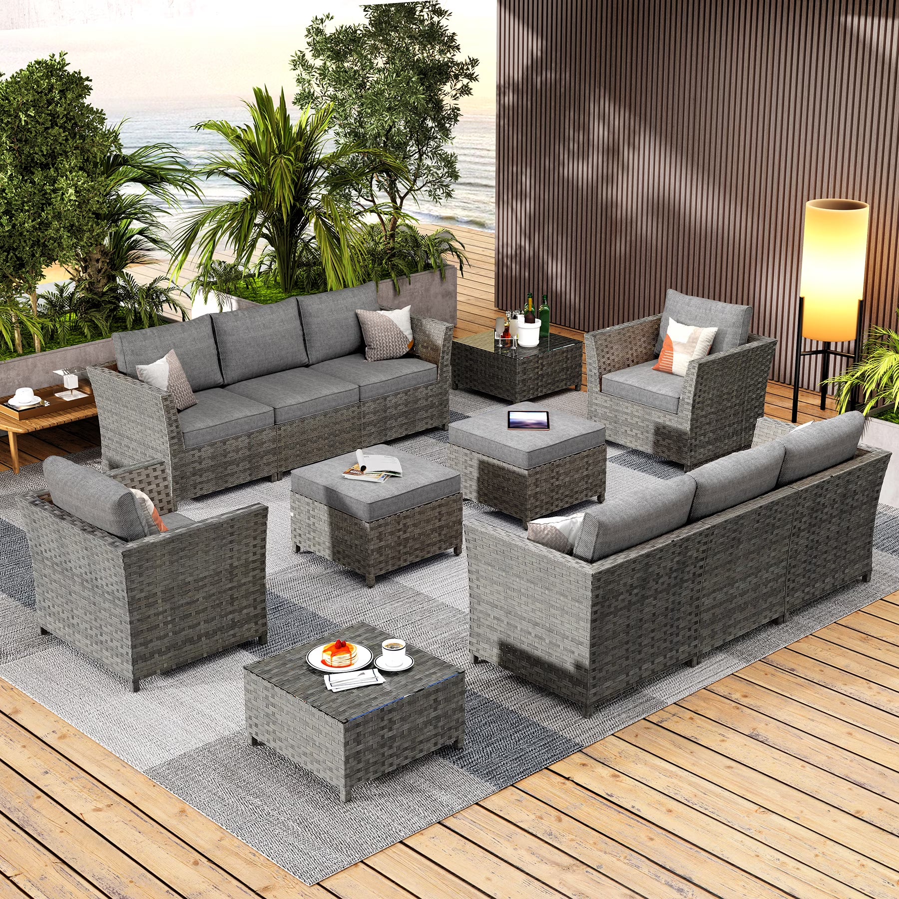 HOOOWOOO Outdoor Patio Furniture Set 12 Pieces Wicker Sectional Conversation Set No Assembly Modular Sofa Chair Set,Black