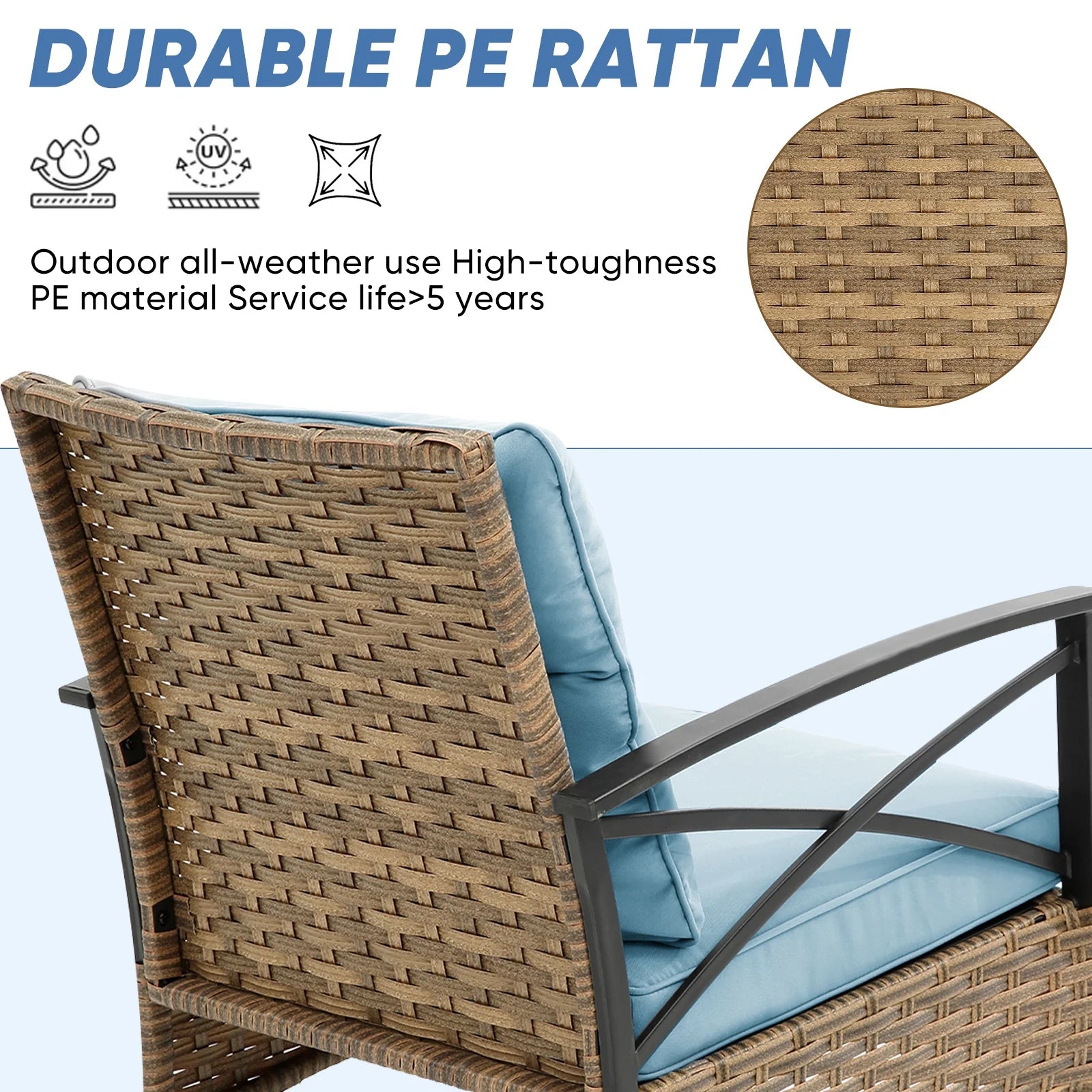 3 Pieces Patio Outdoor Conversation Set, Patio Furniture Bistro Set with 2-Tier Coffee Table, PE Wicker Rocking Chairs with Blue Cushions for for Backyard Porch Poolside