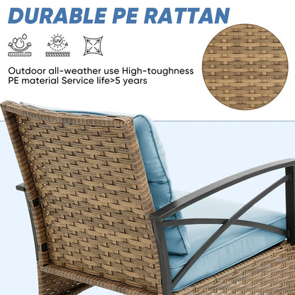 3 Pieces Patio Outdoor Conversation Set, Patio Furniture Bistro Set with 2-Tier Coffee Table, PE Wicker Rocking Chairs with Blue Cushions for for Backyard Porch Poolside
