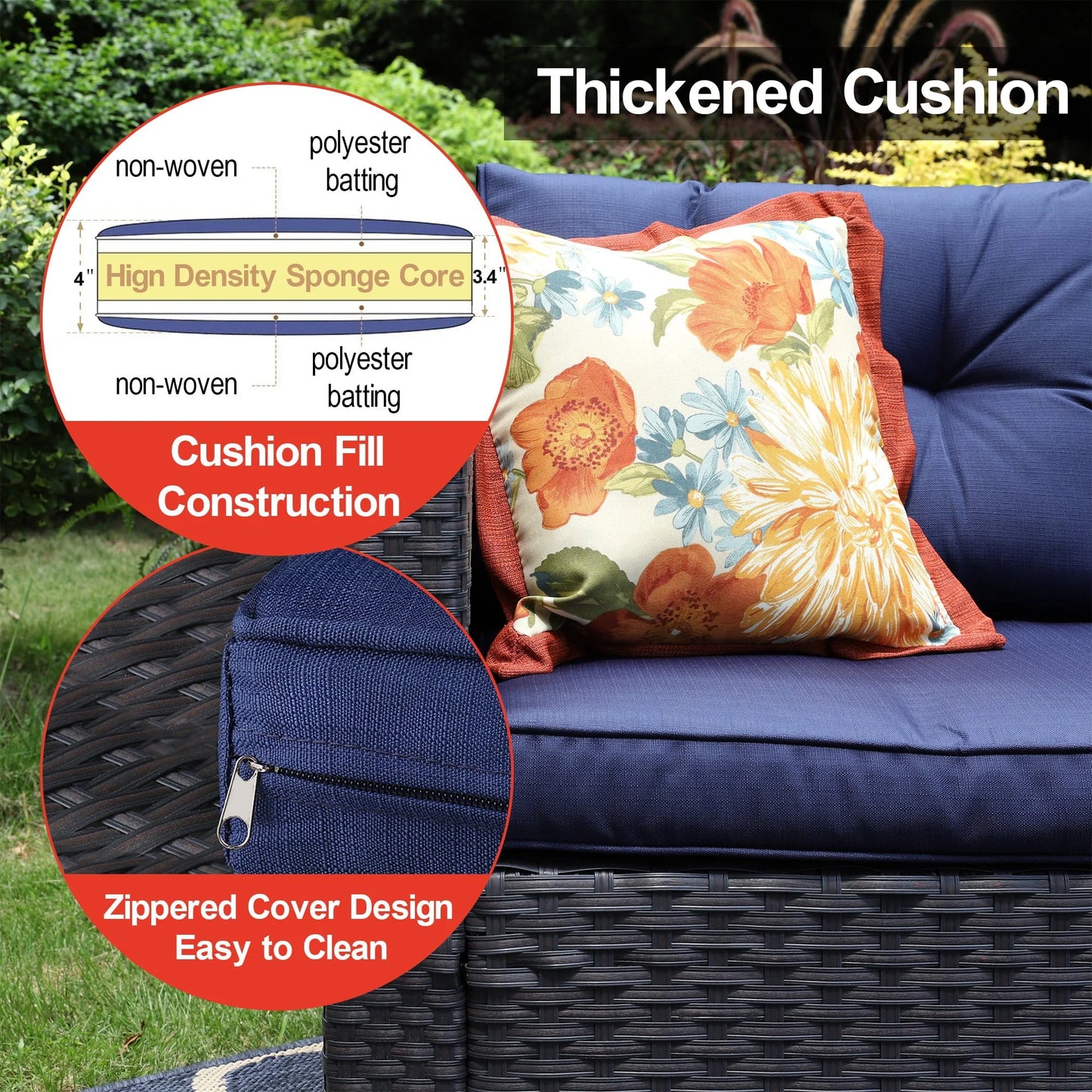Sophia & William 3Pcs Outdoor Patio Wicker Rattan Sectional Sofa Set - Blue