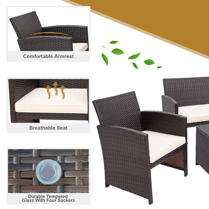Costway 4PCS Patio Rattan Furniture Set Cushioned Chair Sofa Coffee Table White Modern Outdoor Furniture Set For Four