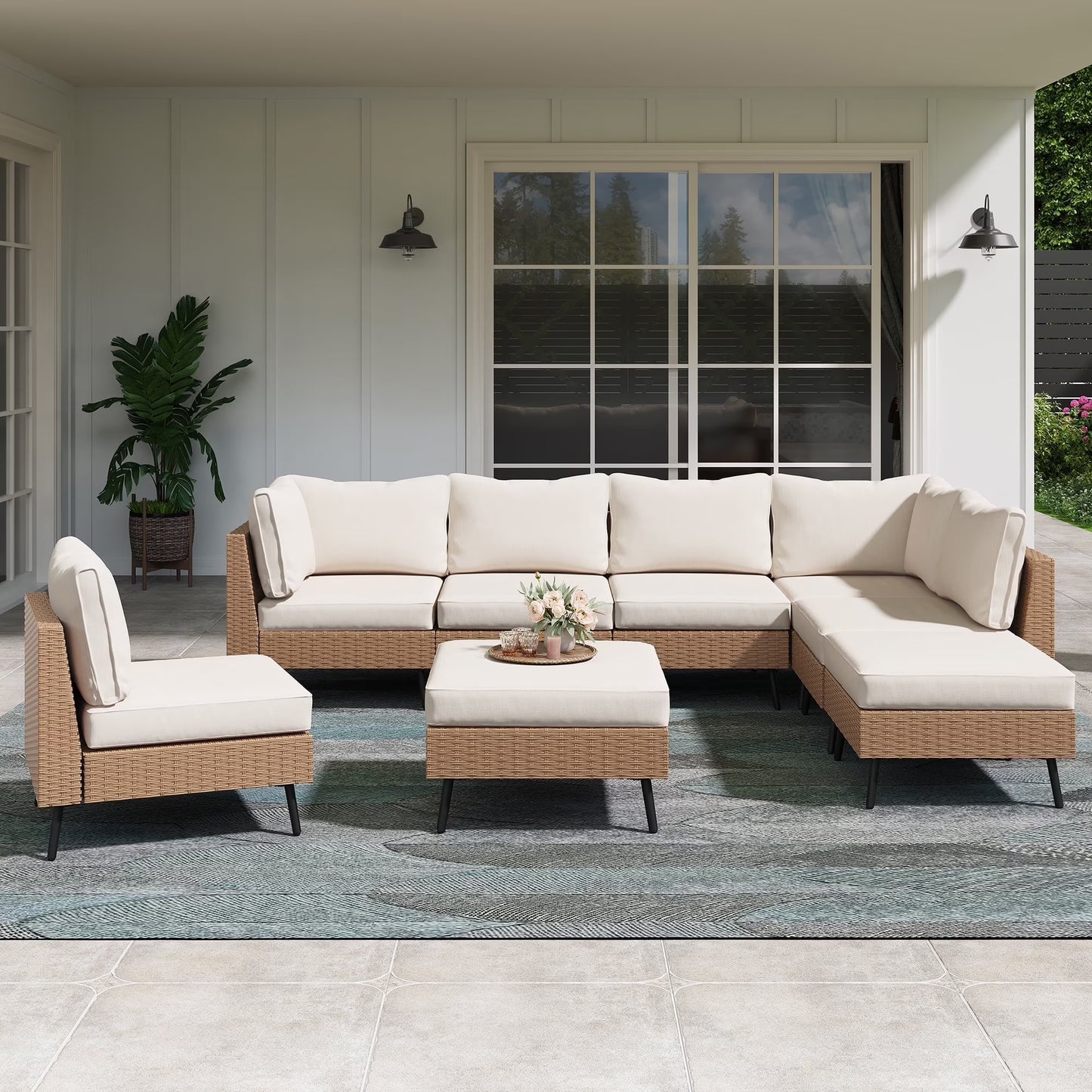 LAUSAINT HOME 6 Pieces Outdoor Furniture Set, Patio Rattan Wicker Sectionals with 4 Chairs and 2 Ottomans, Beige Cushions