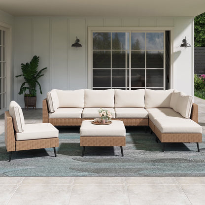 LAUSAINT HOME 6 Pieces Outdoor Furniture Set, Patio Rattan Wicker Sectionals with 4 Chairs and 2 Ottomans, Beige Cushions