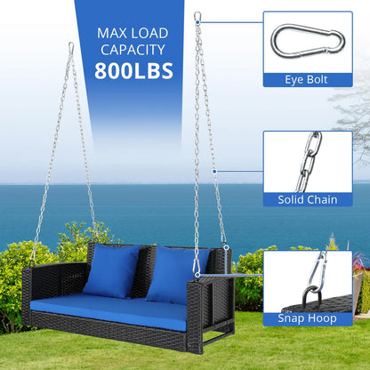 Zimtown Patio Rattn Wicker Swing, Outdoor Bench w/Blue Cushion, Outdoor Seat Garden Swing for 2 Person