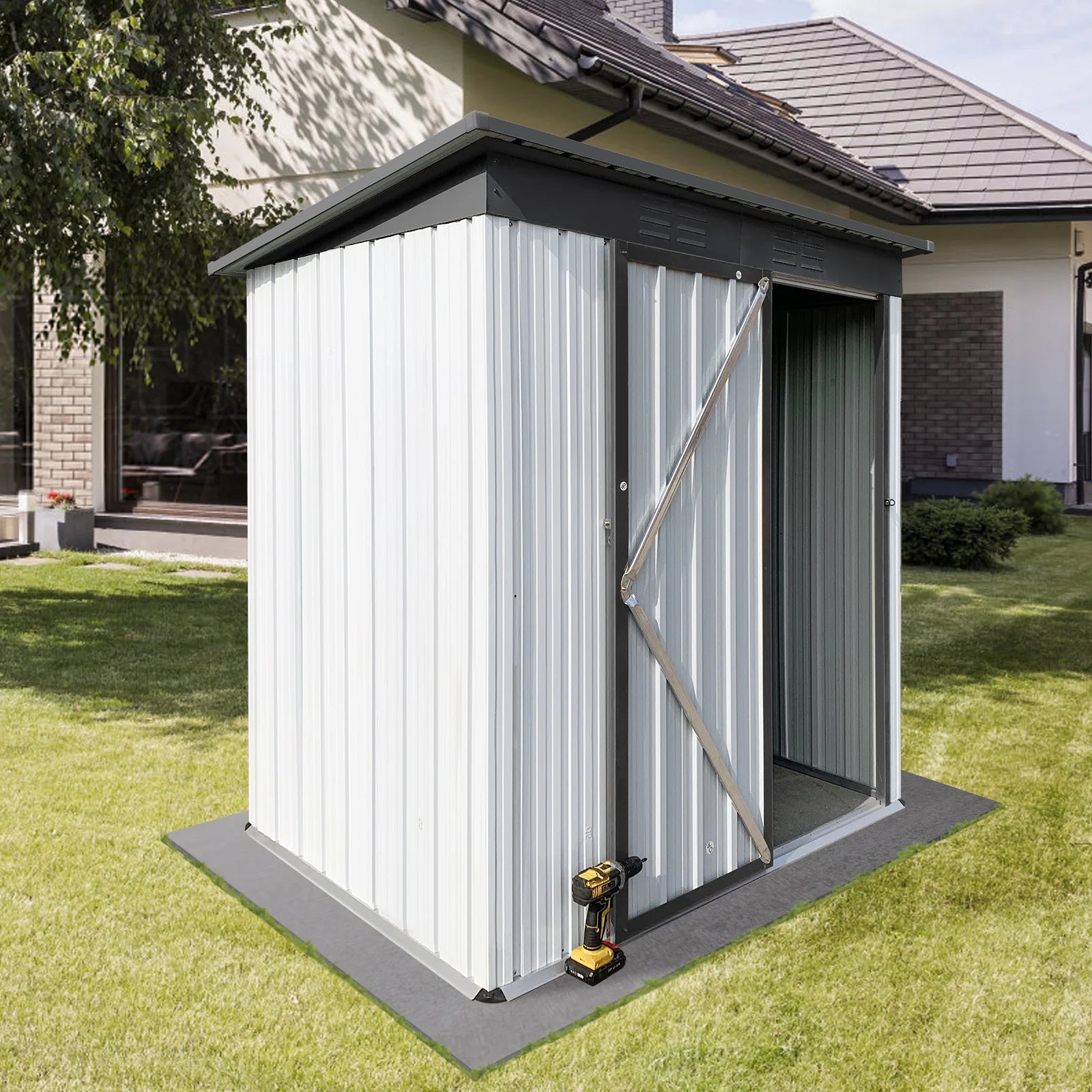SYNGAR Storage Sheds 5 x 3 ft, Outdoor Storage Cabinet with Lockable Door Sloped Roof, Outdoor Storage Box Waterproof UV Proof for Patio Garden, Metal Tool Shed, White