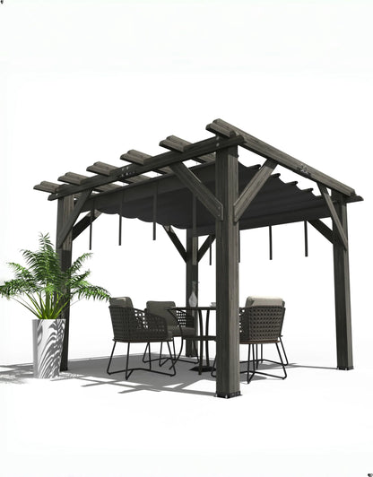 TROPOW 10'X 10' Cedar Wood Pergola with Solid Structure, Retractable Shade Canopy, Durable, Rot Resistant, Patio Pergola for Backyard, Deck, Garden, Outdoor Entertaining
