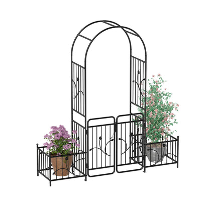 Uforic 87" Metal Garden Arbor Arch with Gate and Planter Boxes, Garden Trellis for Climbing Plants, Patio Wedding Party Lawn Arches Decoration, Black