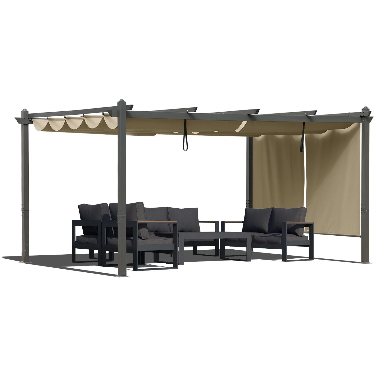 BPS 16' x 12' Outdoor Pergola with Retractable Canopy & Adjustable Sun Shade, Patio Aluminum Pergolas Gazebos, Khaki
