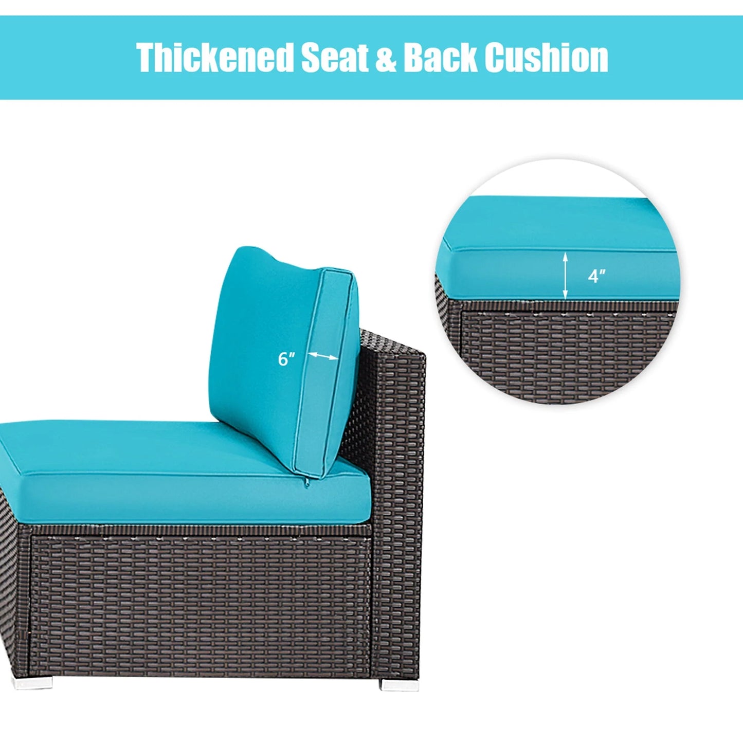 Gymax 2PCS Patio Wicker Rattan Sectional Armless Chair Sofa w/Turquoise Cushion