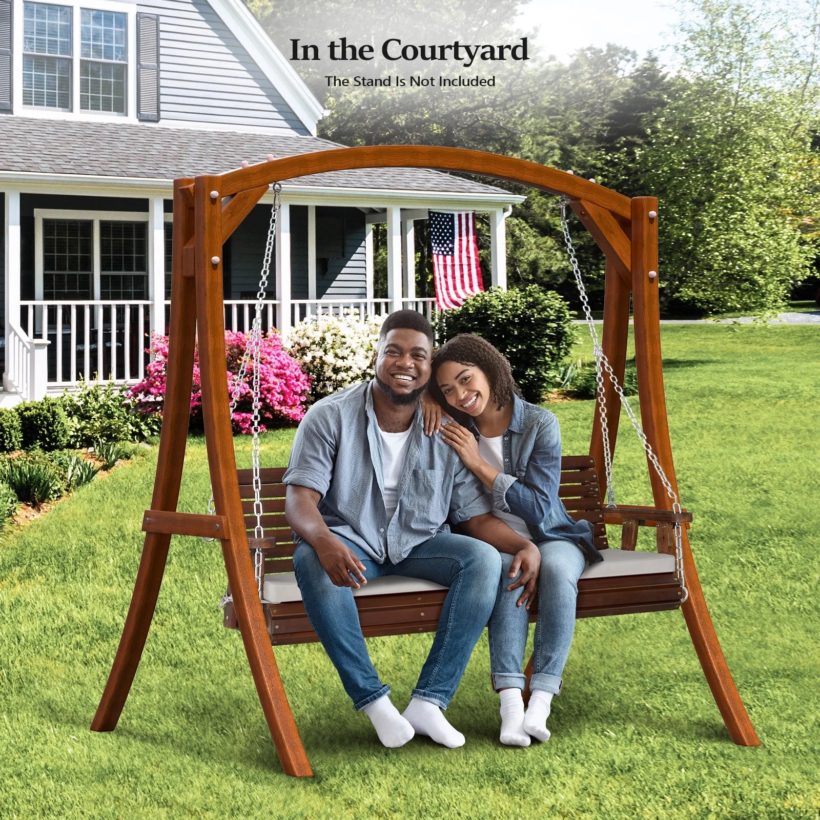 VINGLI Rustic Patio Swing, 5 FT, Adults, Wooden Frame, Porch Swing with Cushions, Chains, Rustic