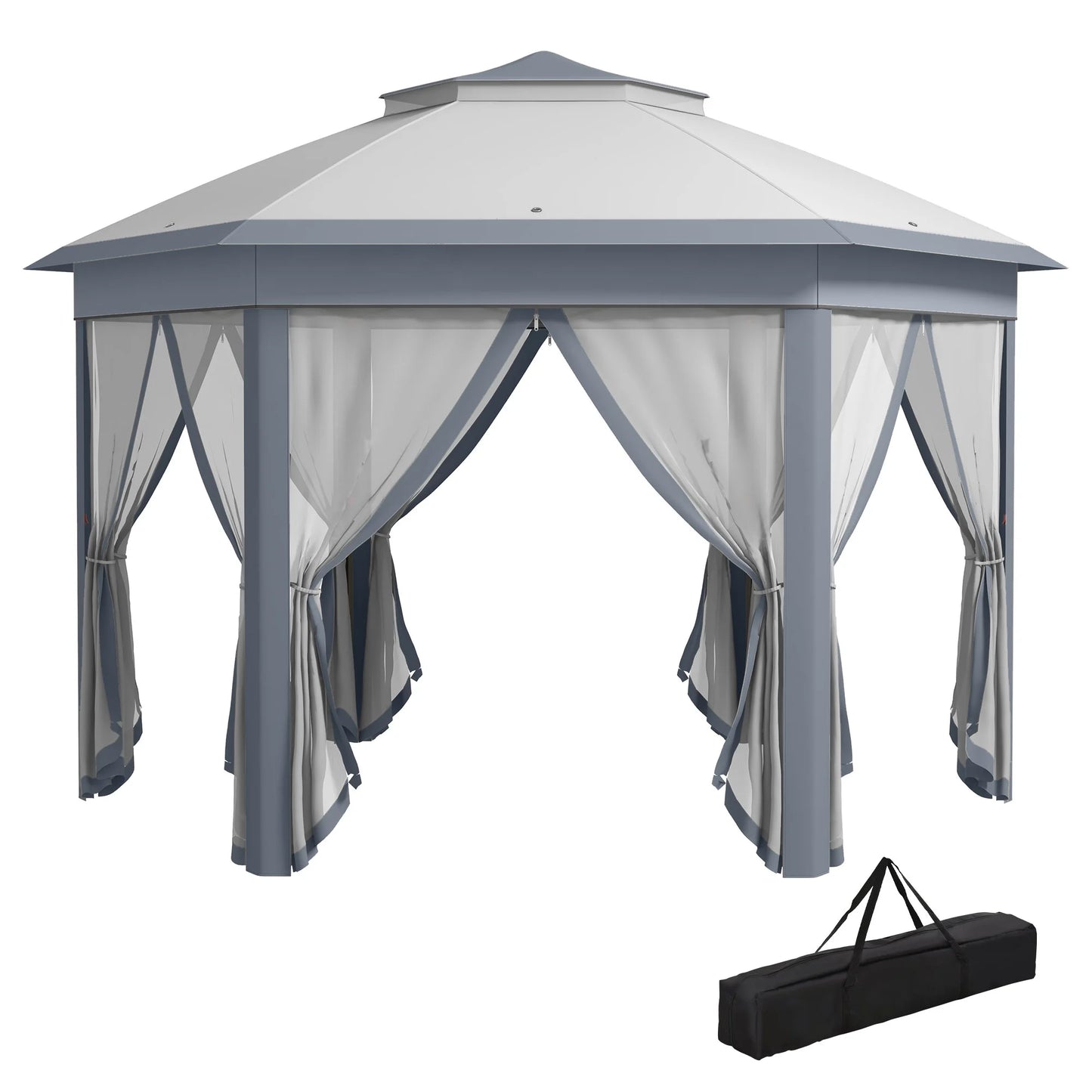 Outsunny 13' x 13' Pop Up Gazebo Hexagonal Canopy with 6 Zippered Mesh Netting, 2-Tier Roof Event Tent with Steel Frame for Patio Backyard, Gray