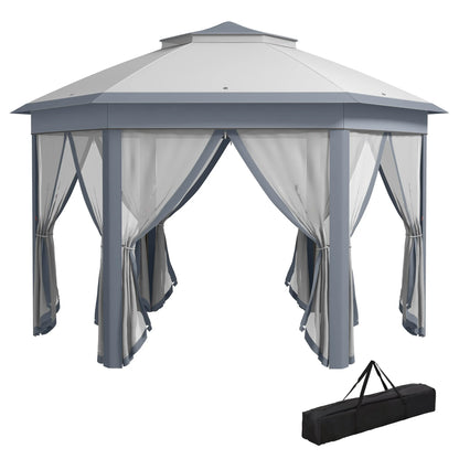 Outsunny 13' x 13' Pop Up Gazebo Hexagonal Canopy with 6 Zippered Mesh Netting, 2-Tier Roof Event Tent with Steel Frame for Patio Backyard, Gray