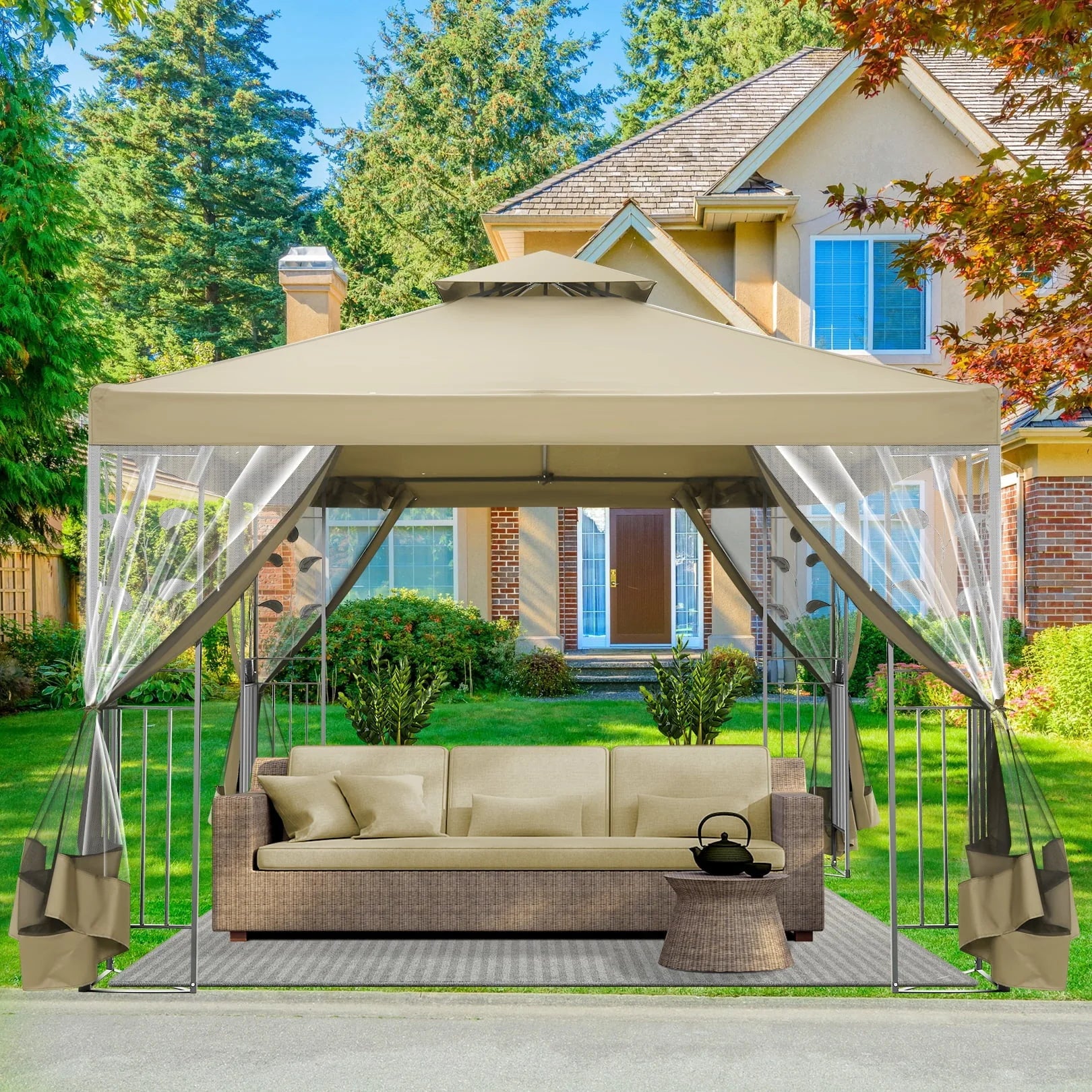 SANOPY 10'x 10' Metal Patio Gazebo, Outdoor Gazebo Canopy Tent for Backyard with Mesh Privacy Curtains, Gazebos Shelter with Display Shelves, Steel Frame, Patio Covers for Shade and Rain