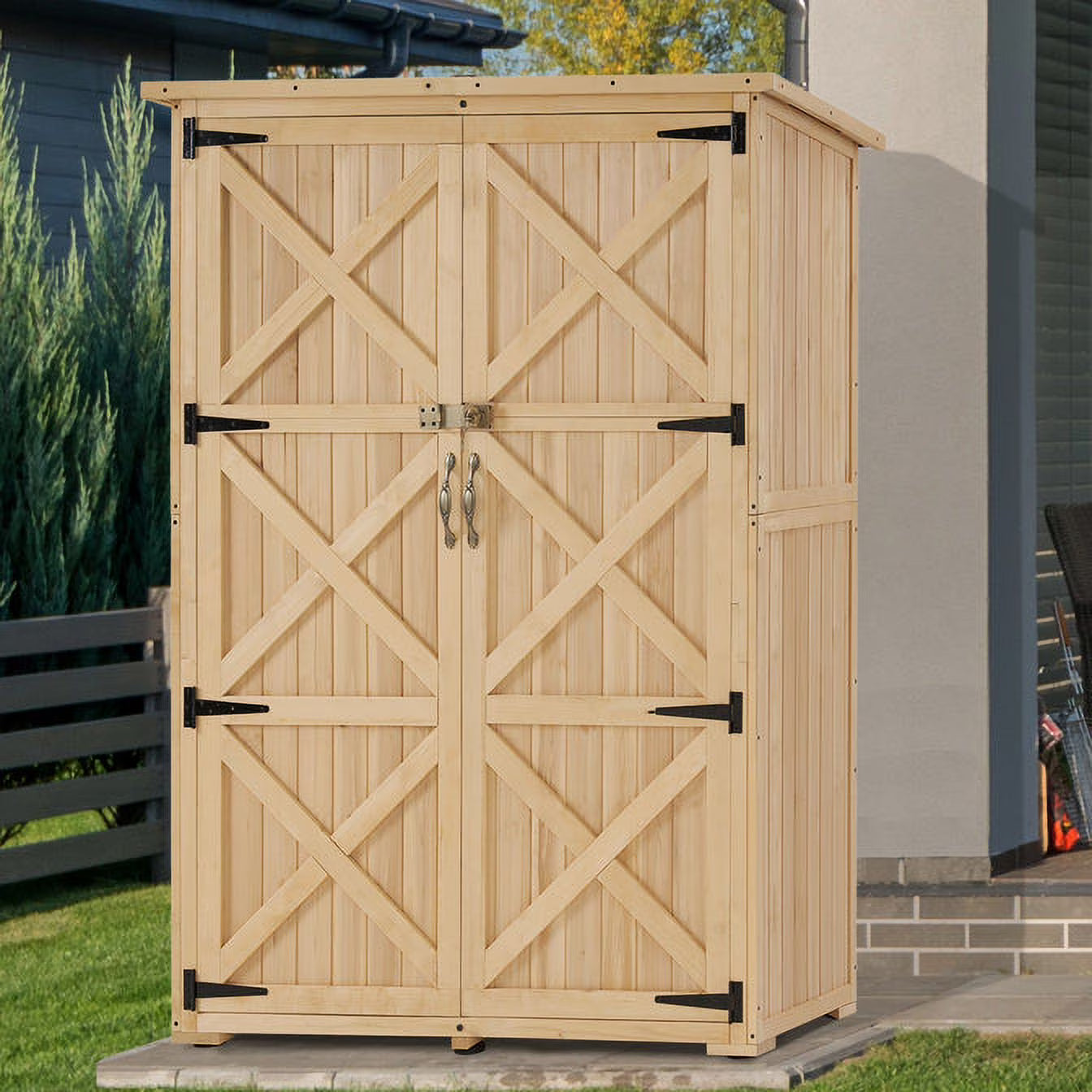 MCombo Wood Sheds & Outdoor Storage , Garden Tool Shed with Lock, Wooden Outdoor Storage Cabinet with Double Doors for Patio 1628