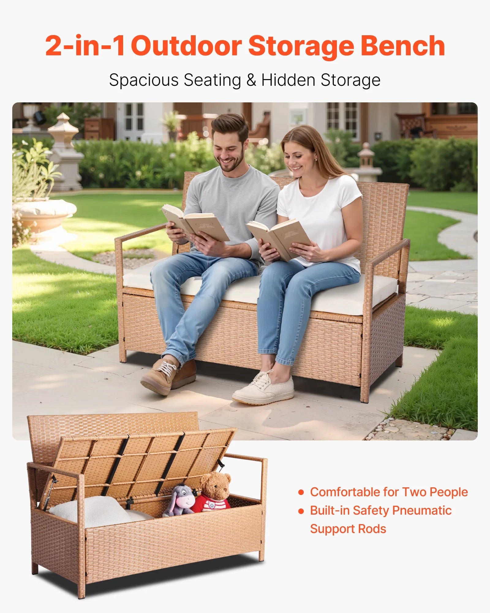 VEVOR Outdoor Storage Bench, 2-Person PE Rattan Storage Bench, 70 Gal Deck Box with Cushion, Supports up to 265 lbs, Weatherproof Outdoor Seating & Porch Decor for Patio Garden Balcony Yard