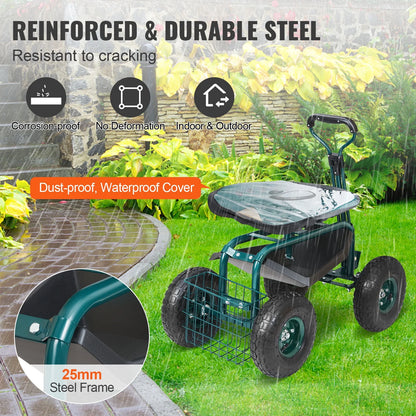 KFFKFF Garden Cart Rolling Workseat with Wheels, Gardening Stool for Planting, 360 Degree Swivel Seat, Wagon Scooter with Steering Handle & Utility Tool Tray, Use for Patio, Yard, and Outdoors
