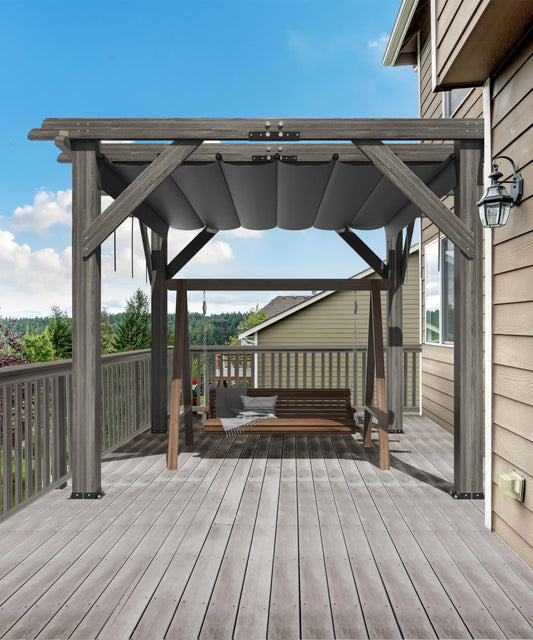 TROPOW 10'X 10' Cedar Wood Pergola with Solid Structure, Retractable Shade Canopy, Durable, Rot Resistant, Patio Pergola for Backyard, Deck, Garden, Outdoor Entertaining