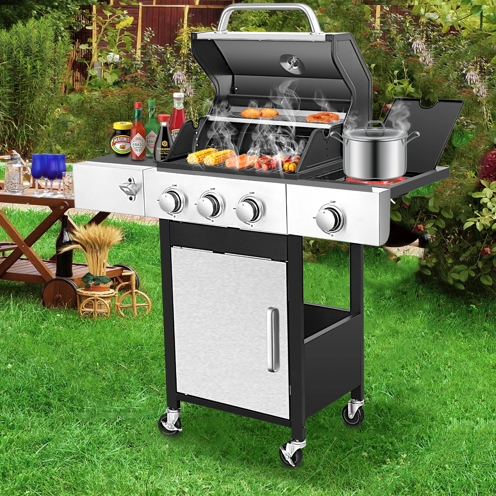 3-Burner Gas Grill with Side Burner, 37230 BTU Propane BBQ Grill with Porcelain-Enameled Cast Iron Grates, Build in Thermometer, Ideal for Patio Camping Outdoor Cooking