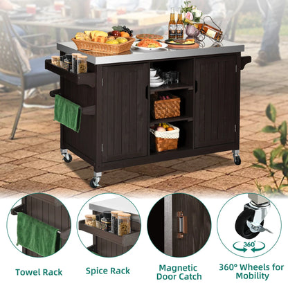 Dextrus XL Solid Wood Outdoor Storage Cabinet - Versatile Movable Outdoor Grill Cart with Stainless Steel Top, Spice Rack, and Side Handle, BBQ Patio Table, Outdoor Small Kitchen Table