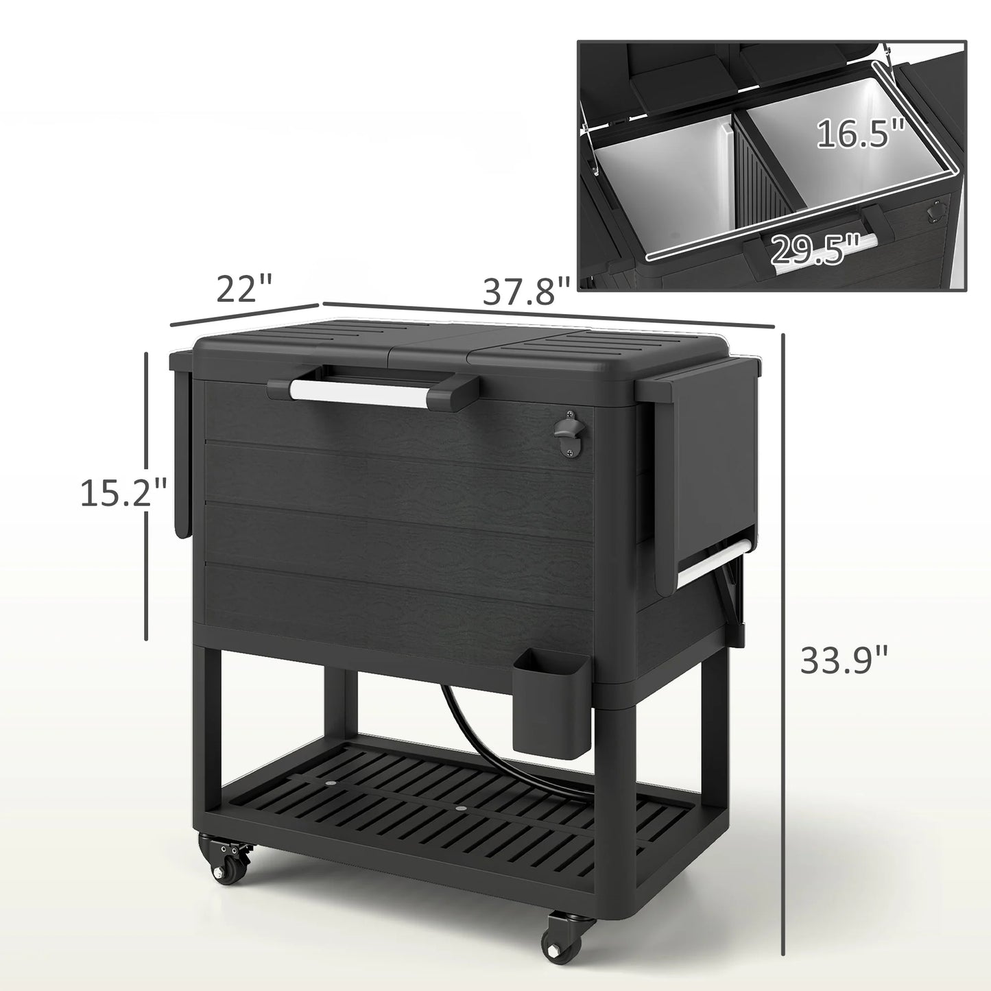 Outsunny 104 Quart Patio Cooler Cart, Outdoor Beverage Rolling Ice Chest with Bottle Opener and Shelves for Pool Deck BBQ Cookouts Party, Black