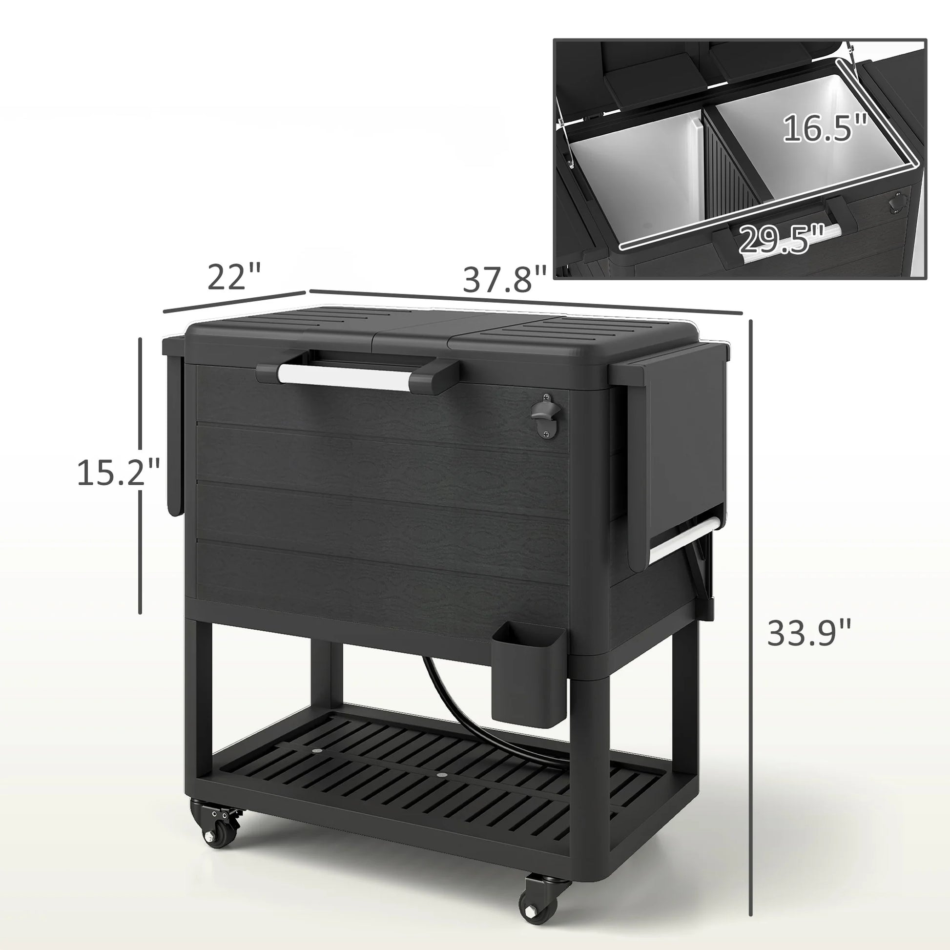 Outsunny 104 Quart Patio Cooler Cart, Outdoor Beverage Rolling Ice Chest with Bottle Opener and Shelves for Pool Deck BBQ Cookouts Party, Black