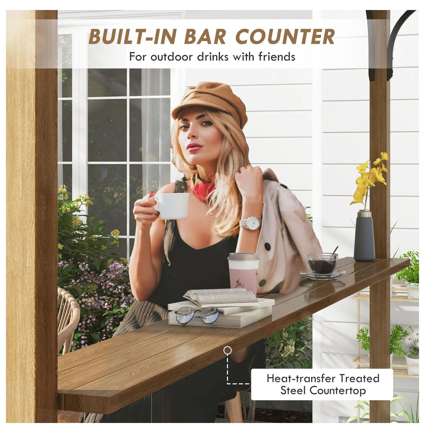 Outdoor Pergola with Bar, 12x10 ft Aluminum Metal Patio Canopy, Sun Shade for Backyard, Garden, Deck, Beige