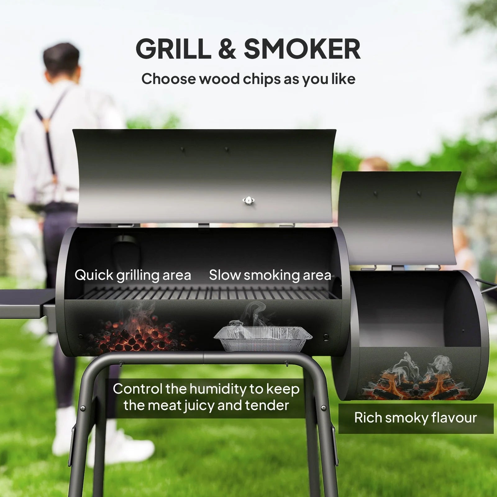 BNDFTF Black Multifunctional Charcoal Grill, Offset Smoker & BBQ Combo, with Front/Side Shelves, Lid Thermometer & Wooden Heat-Resistant Handles, for Outdoor Patio
