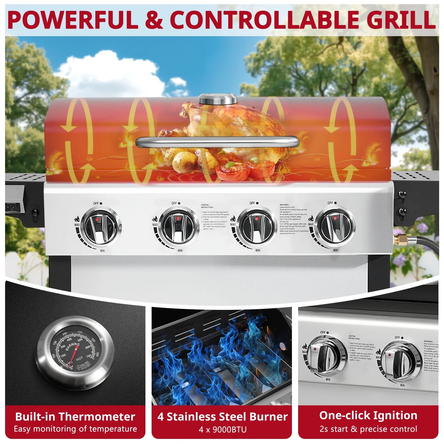 4000BTU Propane Gas Grill, Seizeen Stainless Steel 4-Burner BBQ Grill , Outdoor Patio Camping Portable Grill w/Foldable Side Table, Hanging Basket, Steel Brush, Universal Wheels