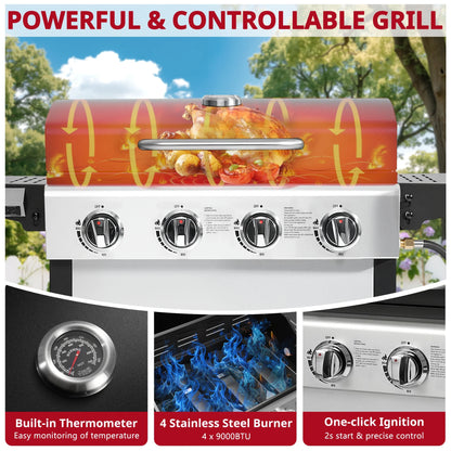 4000BTU Propane Gas Grill, Seizeen Stainless Steel 4-Burner BBQ Grill , Outdoor Patio Camping Portable Grill w/Foldable Side Table, Hanging Basket, Steel Brush, Universal Wheels
