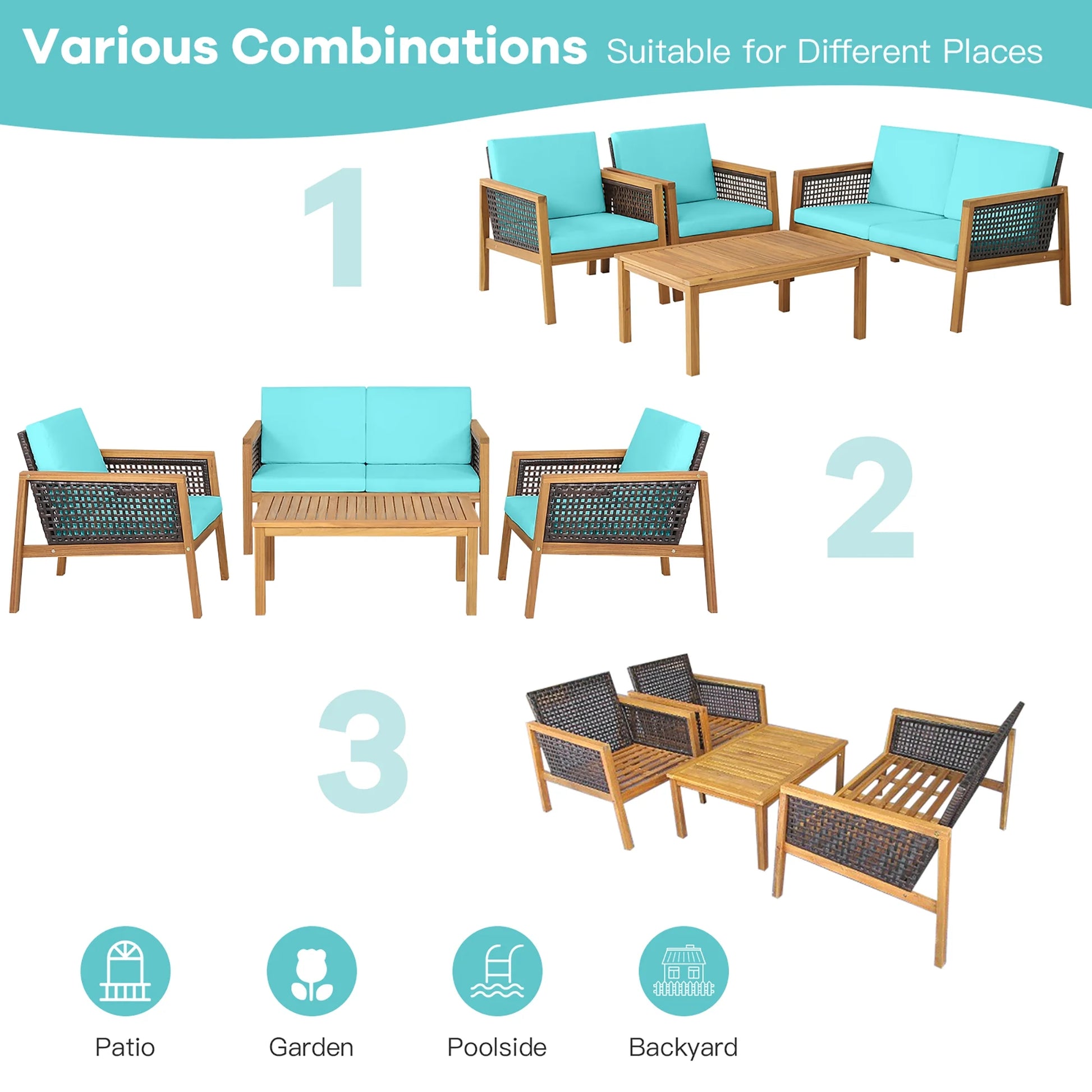 Costway 4PCS Patio Rattan Furniture Set Acacia Wood Cushioned Sofa Turquoise