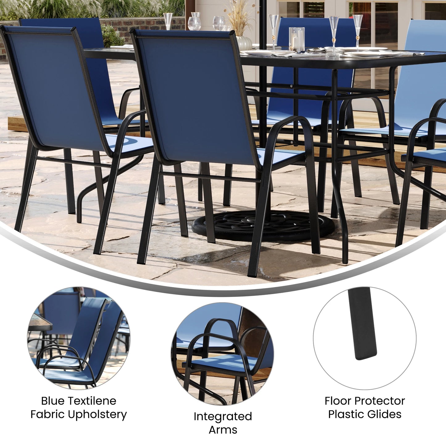 Flash Furniture 7 Piece Outdoor Patio Dining Set - 55" Tempered Glass Patio Table with Umbrella Hole, 6 Navy Flex Comfort Stack Chairs