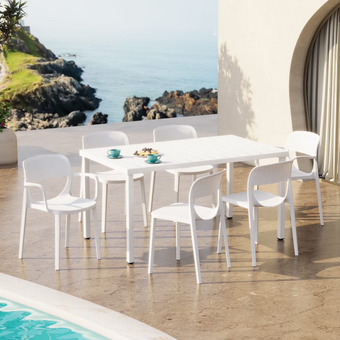 WestinTrends Playa 7-Piece Outdoor Rectangular Metal Patio Dining Table Set With Stackable Patio Dining Chairs, Red