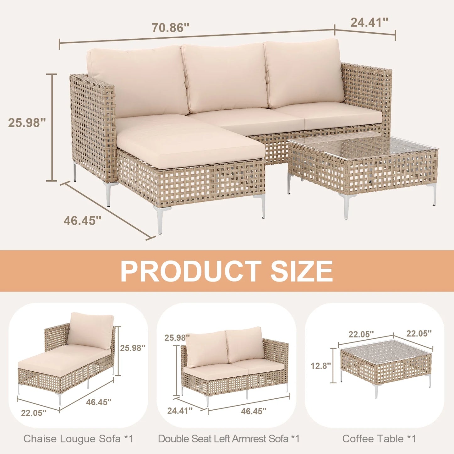 3 Piece Patio Furniture Set with Chaise Longue & Coffee Table, Outdoor Wicker Conversation Set for Patio, Porch, Backyard - All-Weather Yellow/Beige Cushions (Waterproof & Fade-Resistant)