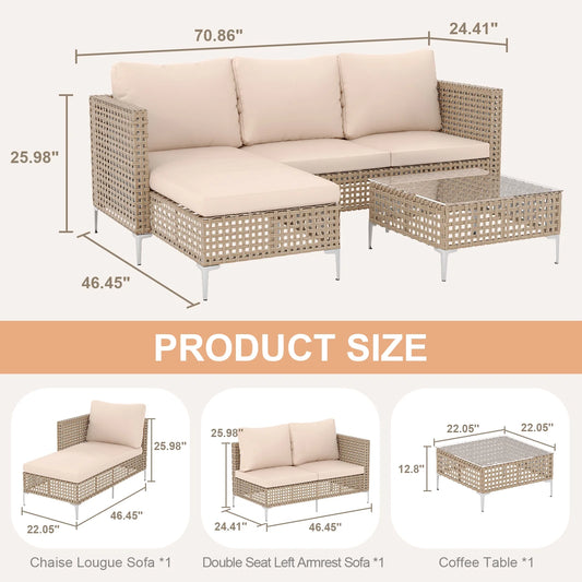 3 Piece Patio Furniture Set with Chaise Longue & Coffee Table, Outdoor Wicker Conversation Set for Patio, Porch, Backyard - All-Weather Yellow/Beige Cushions (Waterproof & Fade-Resistant)