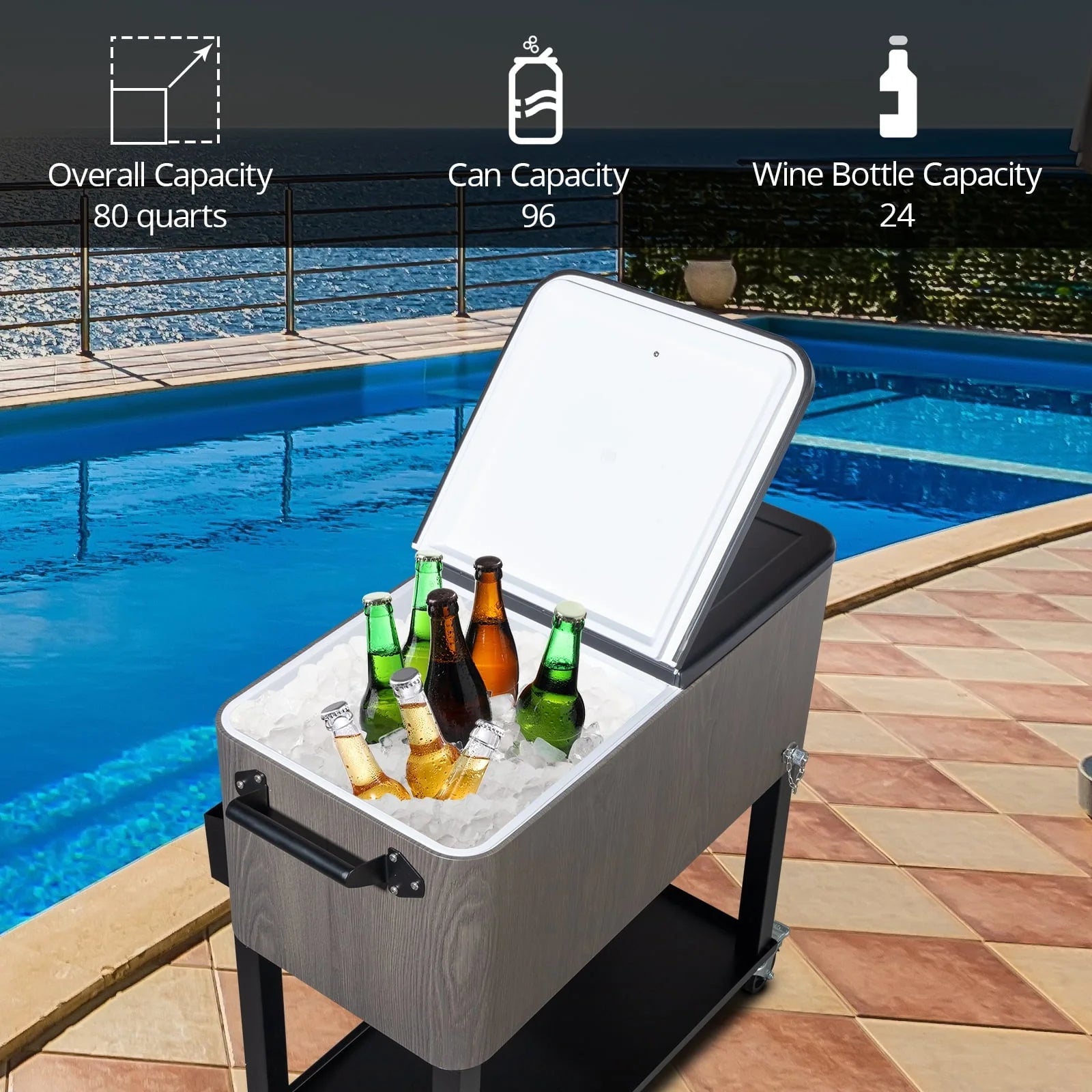 OverPatio 80QT Cooler Cart Rolling Function with Shelf Wood Grain Accent Ice Chest Gray