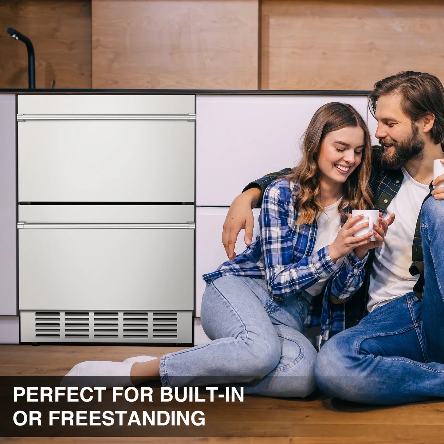 QAUSOU 24 Inch Under Counter Double Drawer Fridge, Weather Proof Stainless Steel Outdoor Beverage Refrigerator for Patio