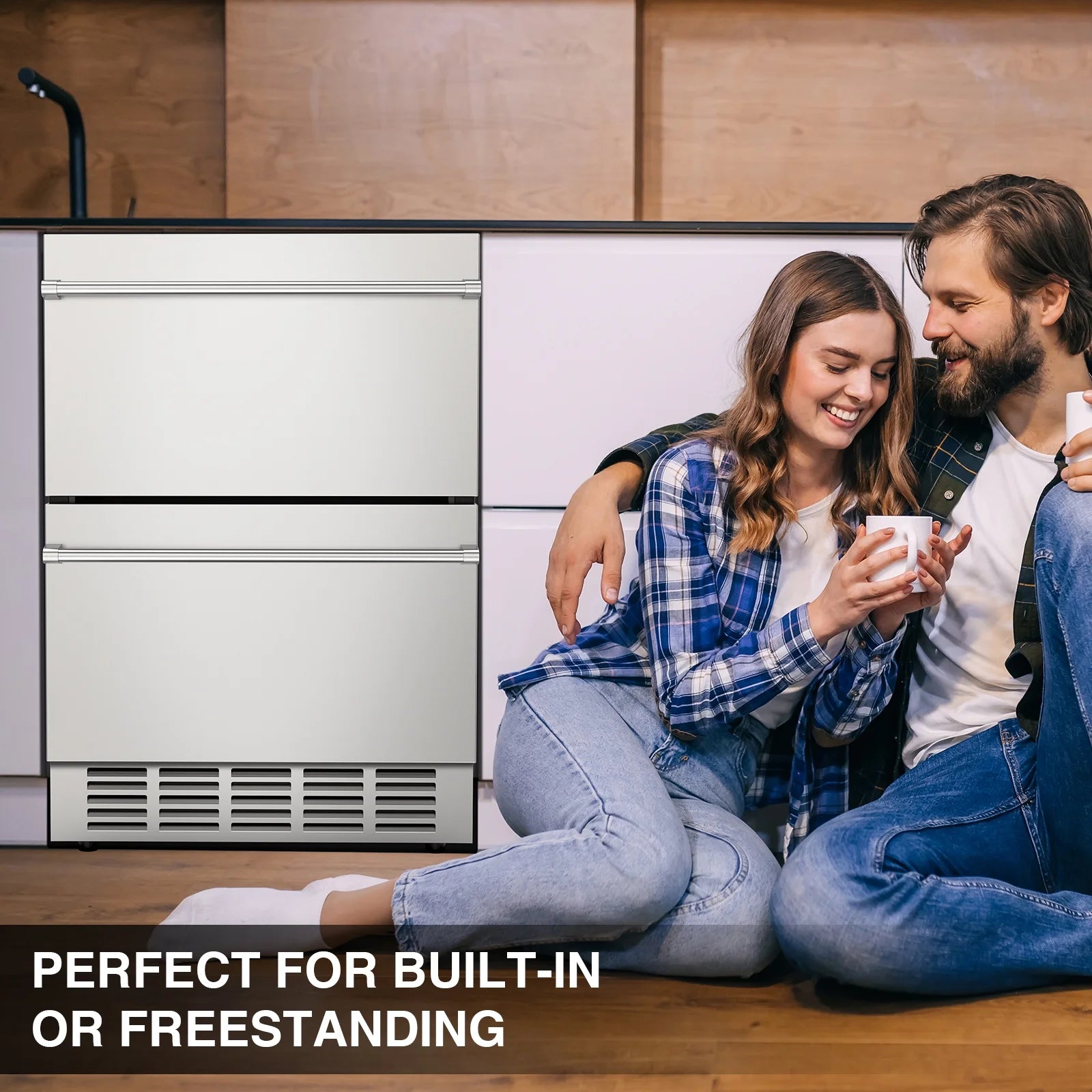 QAUSOU 24 Inch Under Counter Double Drawer Fridge, Weather Proof Stainless Steel Outdoor Beverage Refrigerator for Patio