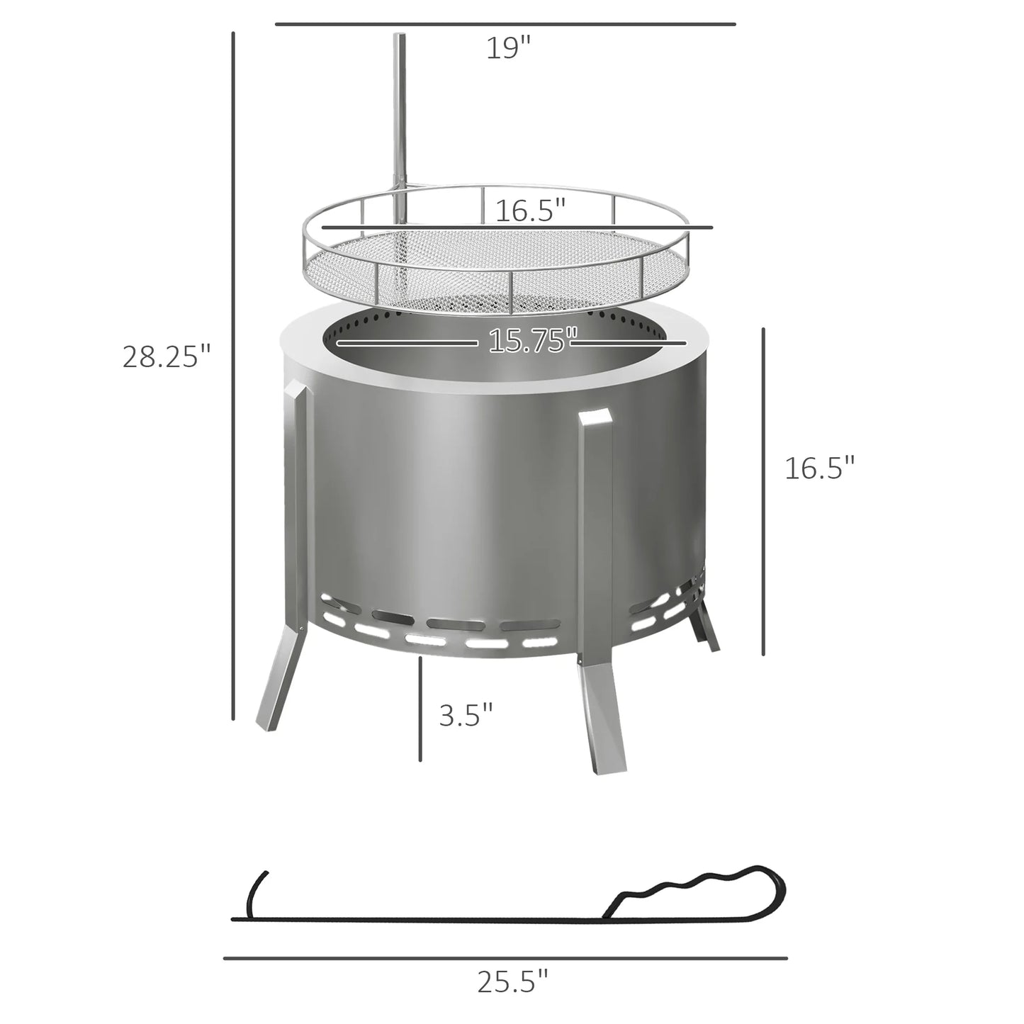 BBQ Utensils Outsunny 2-in-1 Smokeless Fire Pit, BBQ Grill, 19" Portable Wood Burning Firepit with Cooking Grate and Poker, Low Smoke Camping Bonfire Stove for Backyard Patio Picnic, Stainless Steel,