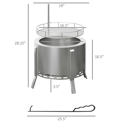 BBQ Utensils Outsunny 2-in-1 Smokeless Fire Pit, BBQ Grill, 19" Portable Wood Burning Firepit with Cooking Grate and Poker, Low Smoke Camping Bonfire Stove for Backyard Patio Picnic, Stainless Steel,