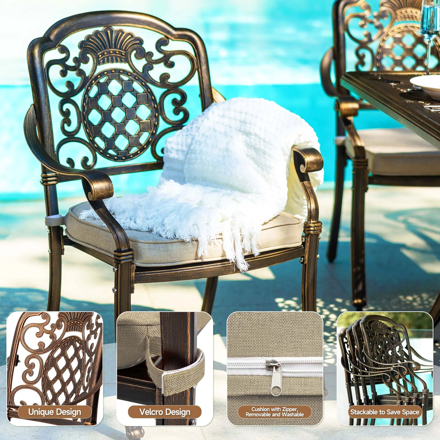 7-Piece Patio Furniture Dining Set, All-Weather Cast Aluminum Outdoor Table and Chairs for 6, Includes 4 Dining Chair & 2 Swivel Chairs & 60? Rectangular Table, Beige