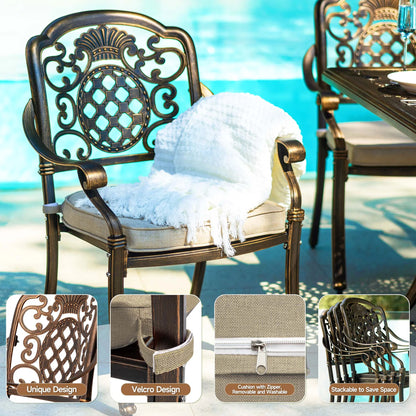 7-Piece Patio Furniture Dining Set, All-Weather Cast Aluminum Outdoor Table and Chairs for 6, Includes 4 Dining Chair & 2 Swivel Chairs & 60? Rectangular Table, Beige