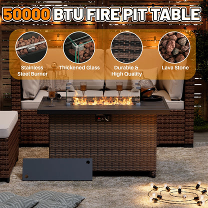 44 Inch Outdoor Wicker Fire Pit Table, 50000 BTU Propane Fire Pits with Glass Wind Guard and Lid, Patio Gas Fire Pit for Outside Patio and Garden(Brown)