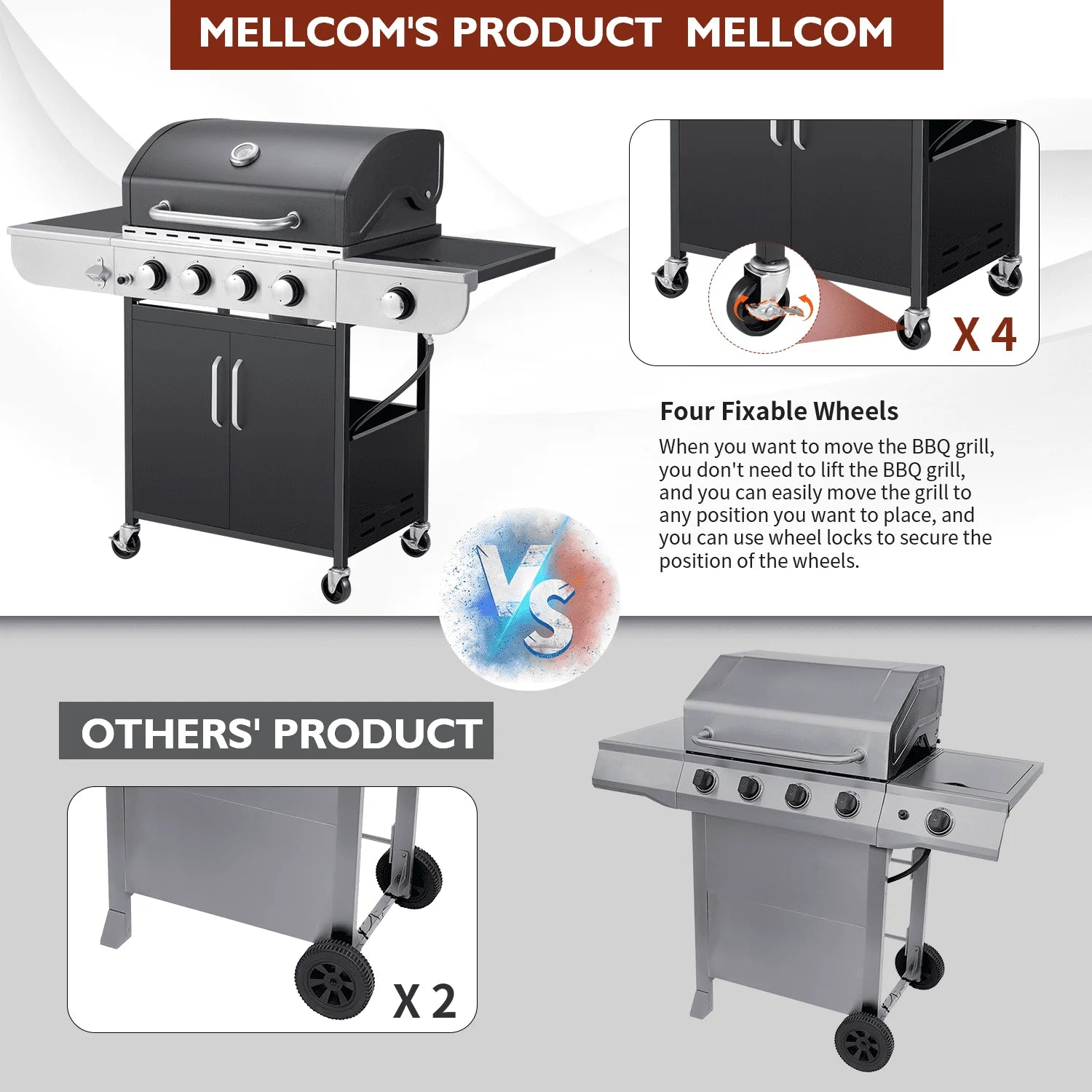 Mellcom 4 Burner Gas Grill,36000 BTU BBQ Propane Stainless Steel with Side Table for Patio Garden