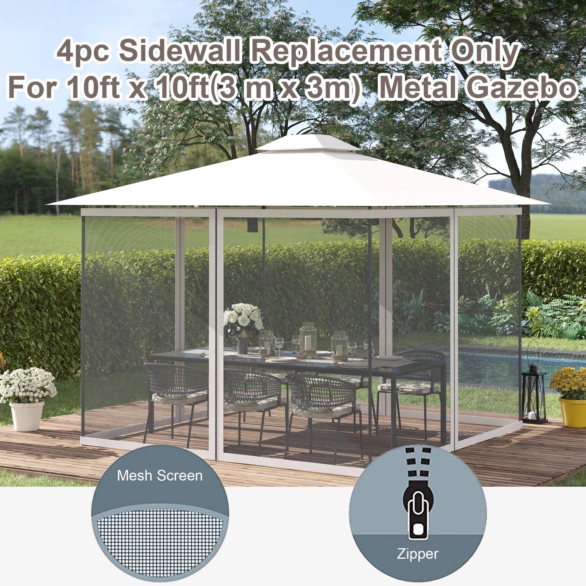 Outsunny 10' x 10' Universal Replacement Mesh Sidewall Netting for Patio Gazebos and Canopy Tents with Zippers, (Sidewall Only), White
