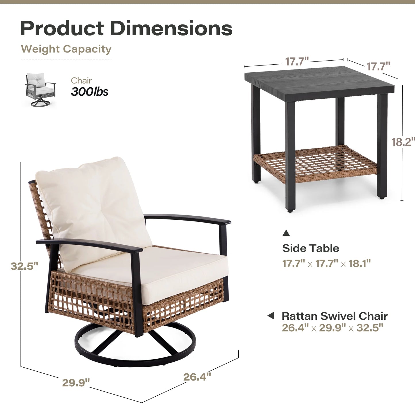 LAUSAINT HOME 3 Pieces Patio Outdoor Furniture Set with 2-Tier Coffee Table, PE Wicker Swivel & Rocking Chairs with Beige Cushions